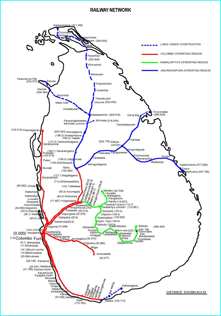 Mapa de Sri Lanka con las líneas de tren, en roja la que sufrió el accidente más grave 